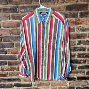 SK Wear Vintage 100% Silk Striped Long Sleeve Button Down Shirt Size Large